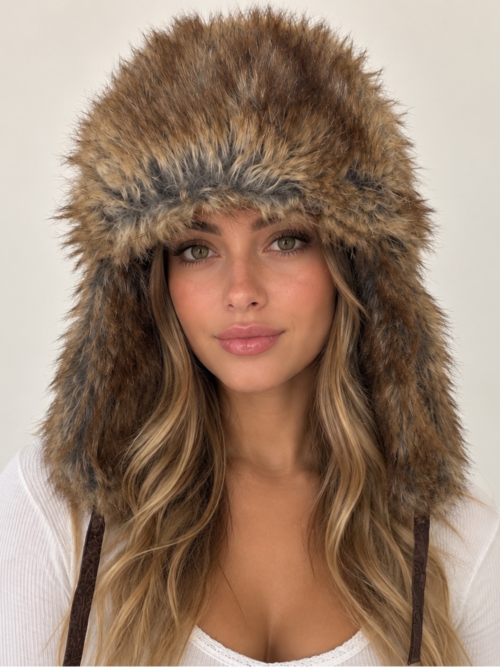 Indigo Faux Fur Trapper Hat Brown Winter Ear Flap Aviator Y2K Cozy Warm Fuzzy